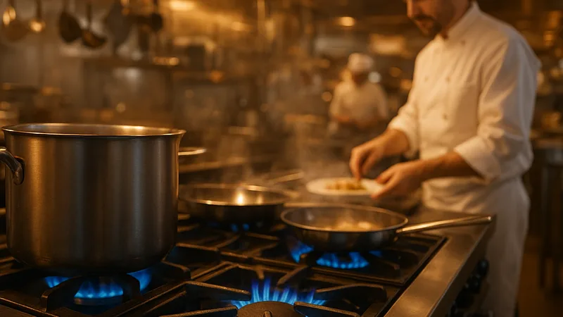 Chef cooking over blue propane flames in commercial kitchen