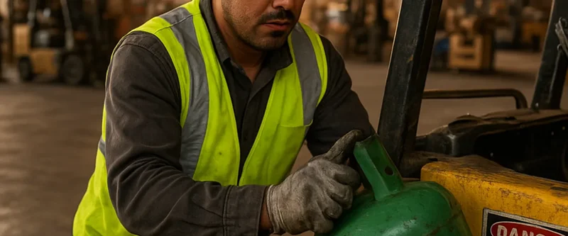 Warehouse worker swapping propane cylinder on forklift