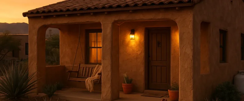 Southwest home with desert landscaping at dusk